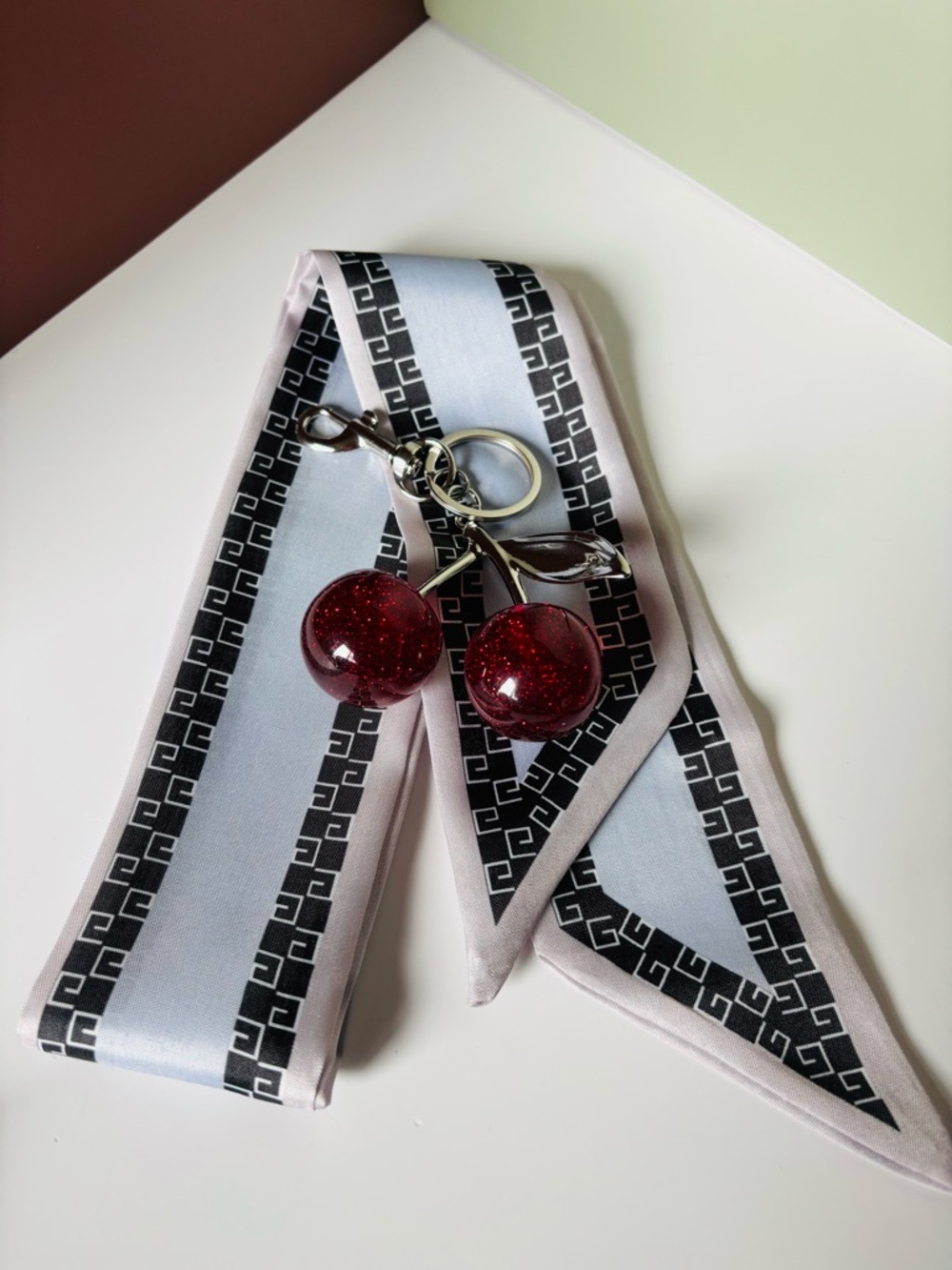 PURSE CHARMS Red Glitter Cherry Keychain Charm, Scarf NWOT - Picture 1 of 3